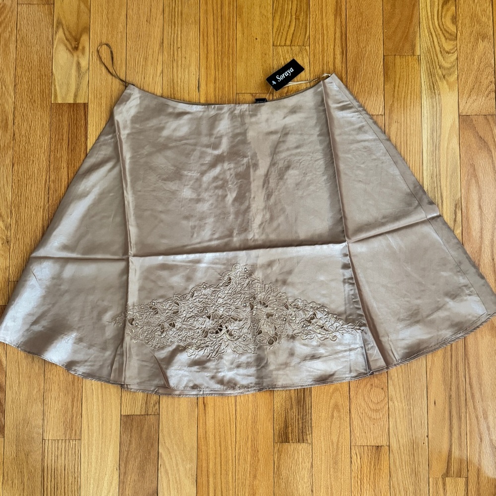 Soraya Elegant Taupe A-Line Peanut Shell Satin Sheen Skirt with Embroidery